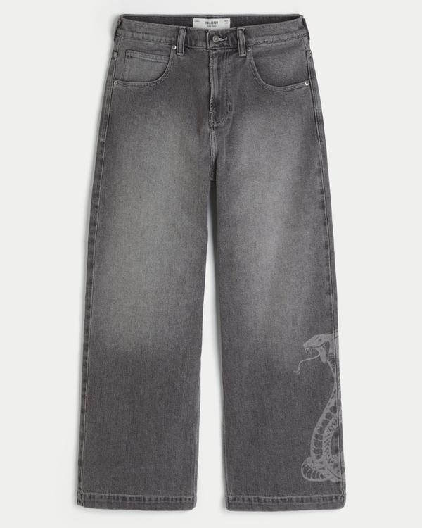 Snake Graphic Super Baggy Jeans, Washed Dark Gray view 1