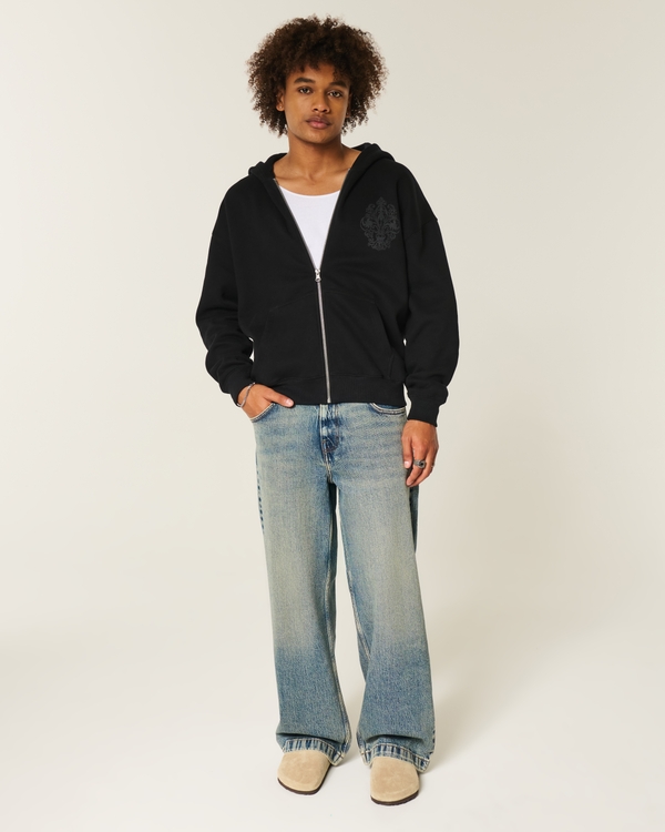 Dark Wash Graphic Super Baggy Jeans, Medium Dark view 1