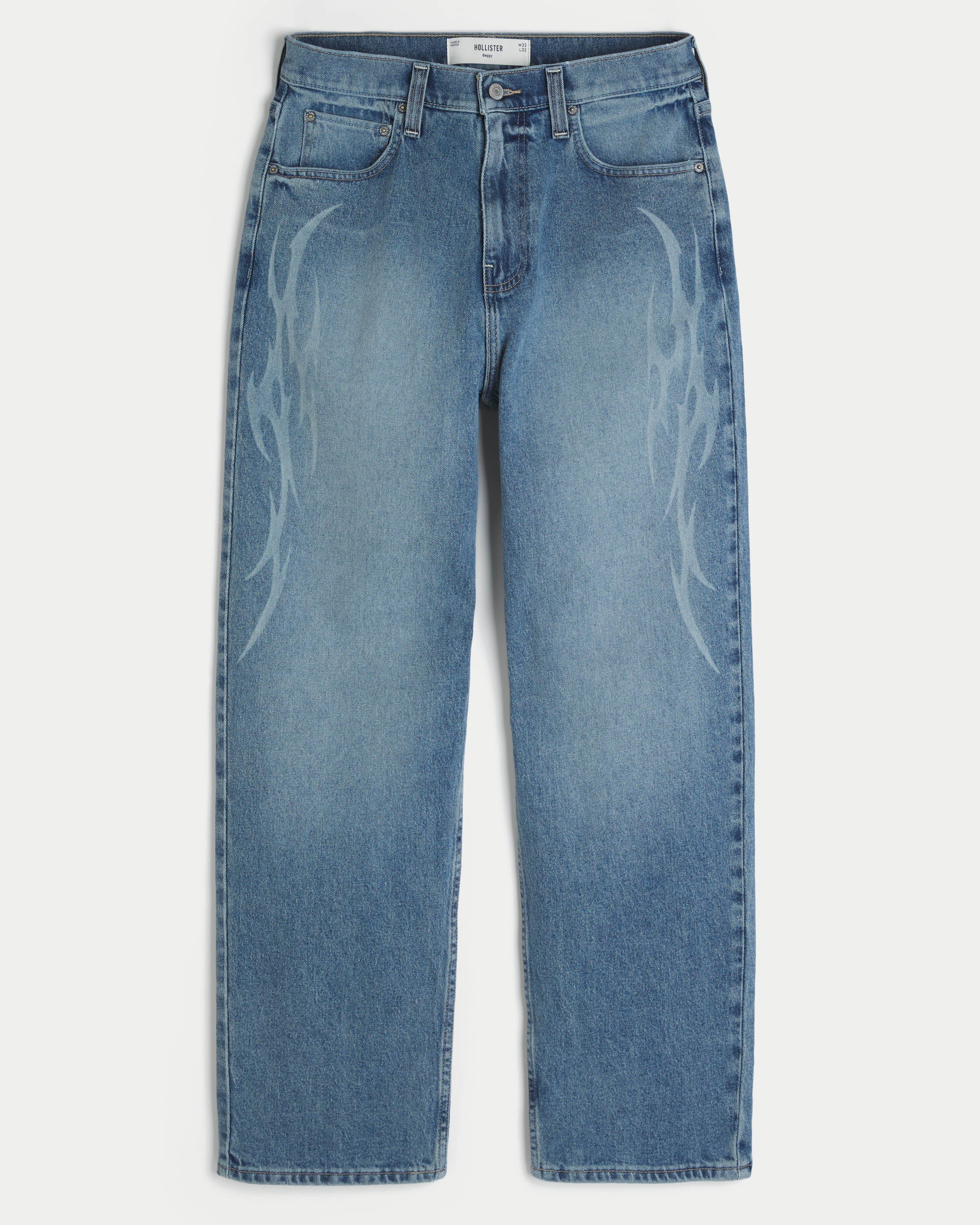 Medium Wash Flame Graphic Baggy Jeans