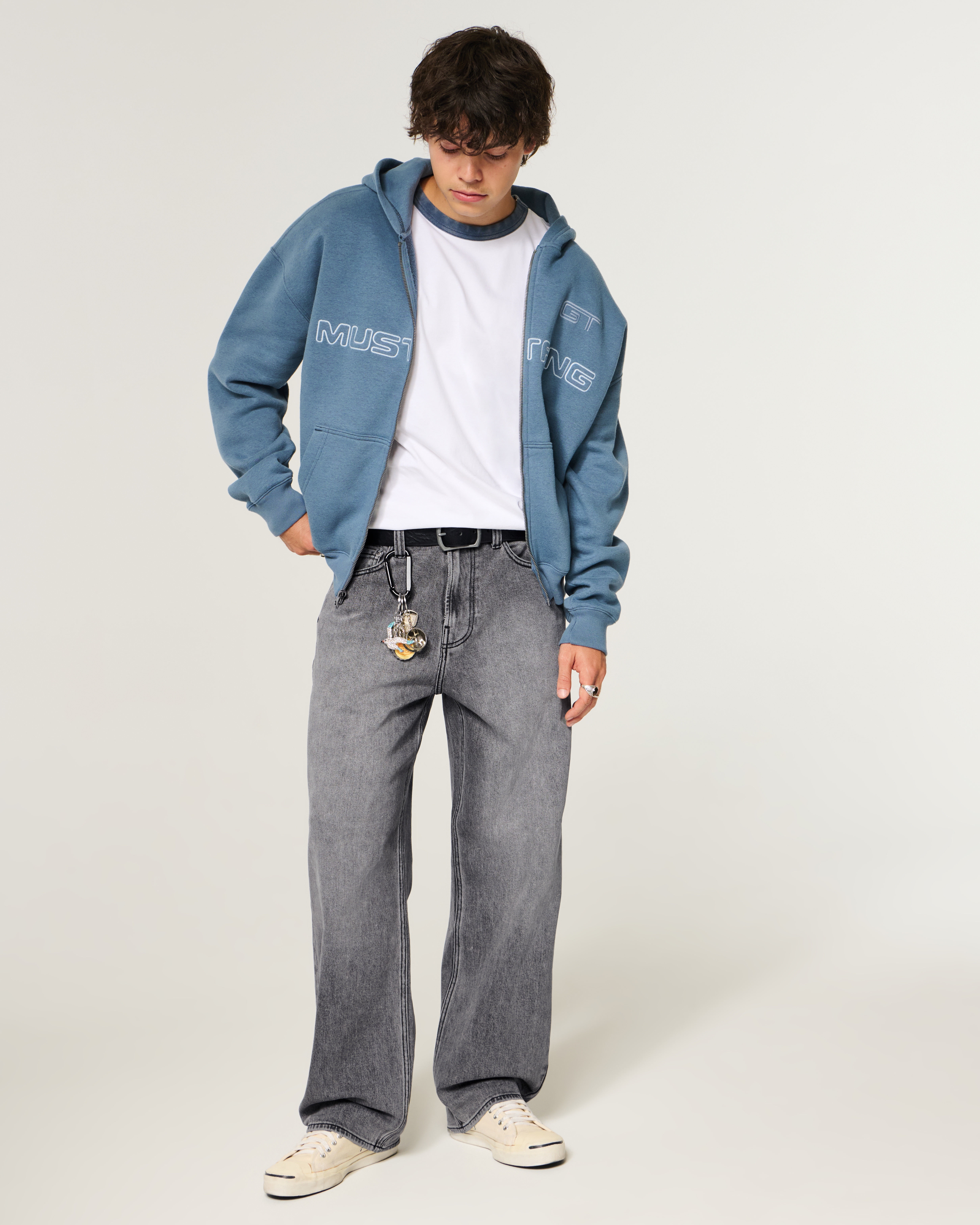 Grey Back Pocket Stripe Baggy Jeans