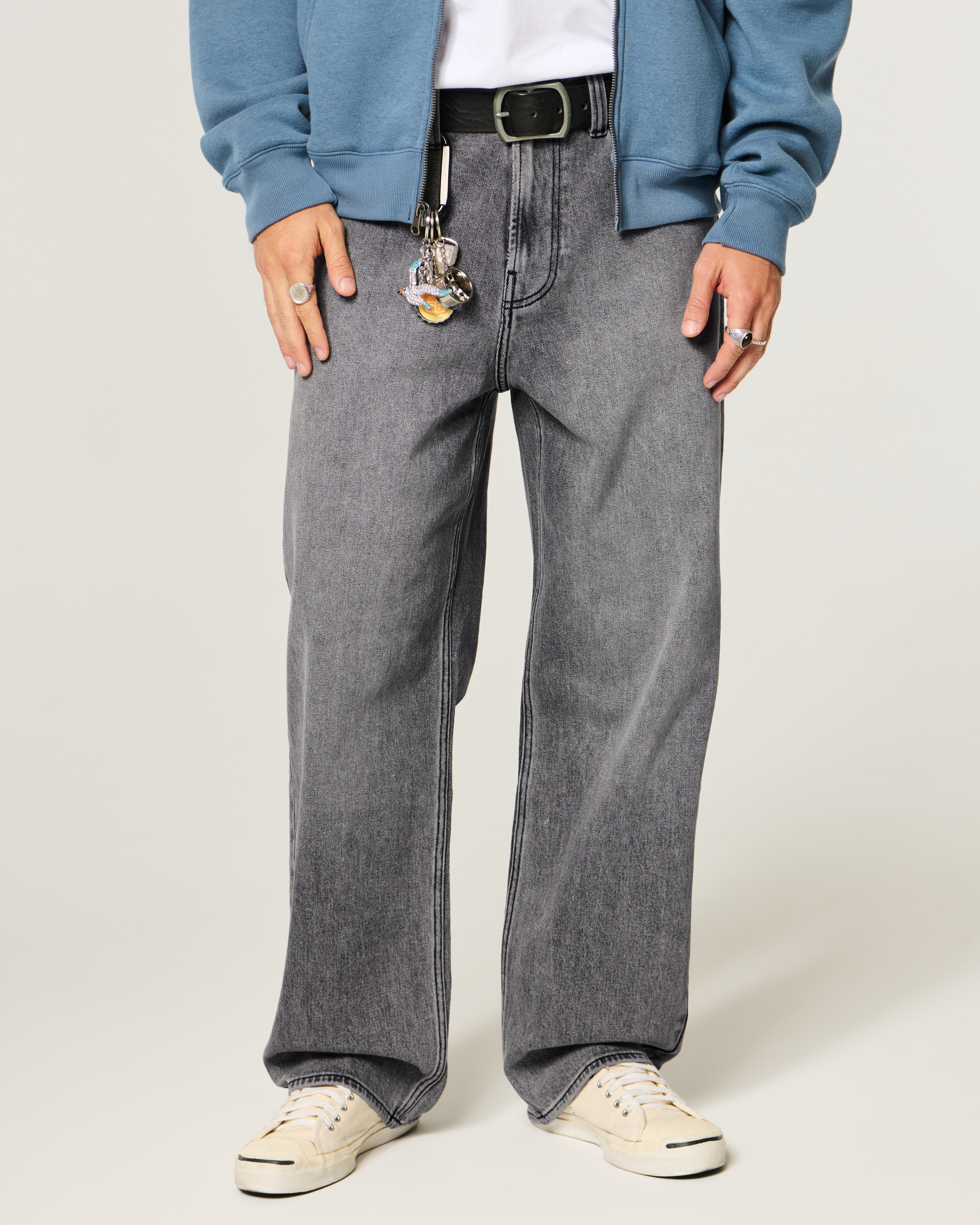 Grey Back Pocket Stripe Baggy Jeans