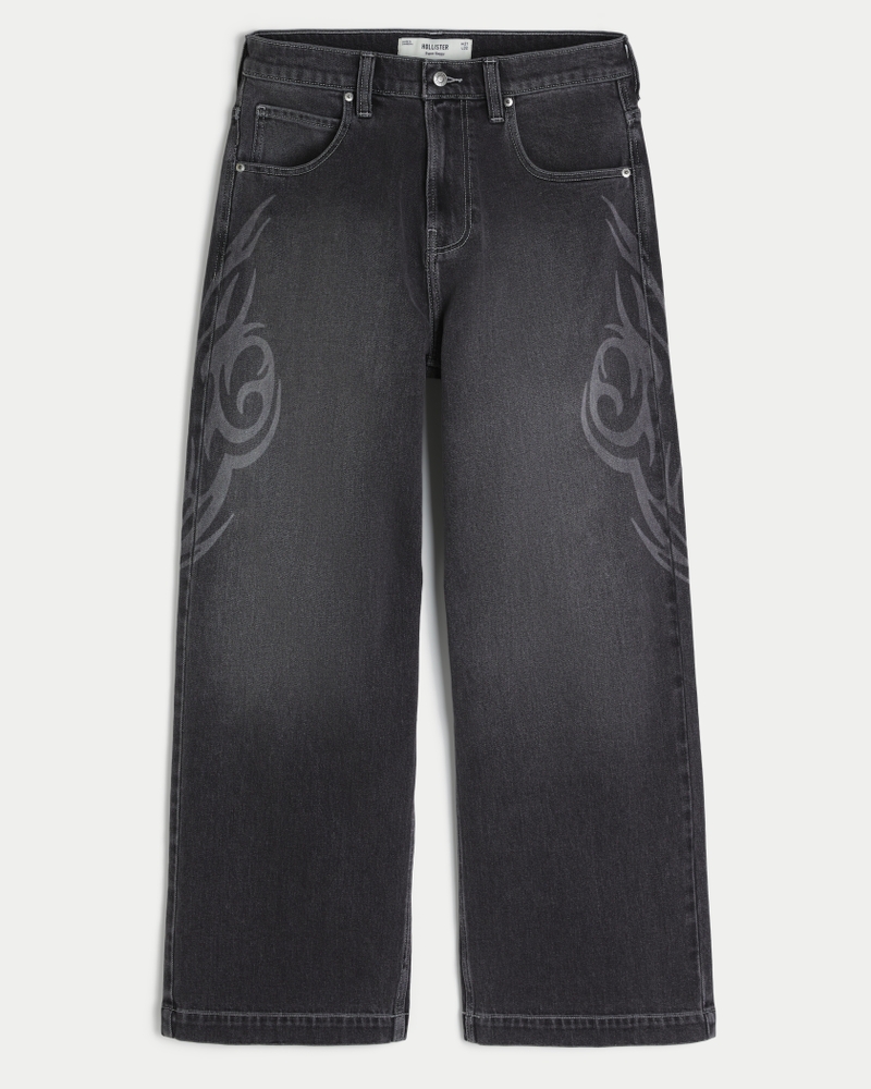 Men's Washed Black Double Graphic Baggy Jeans Men's Bottoms - Main Image