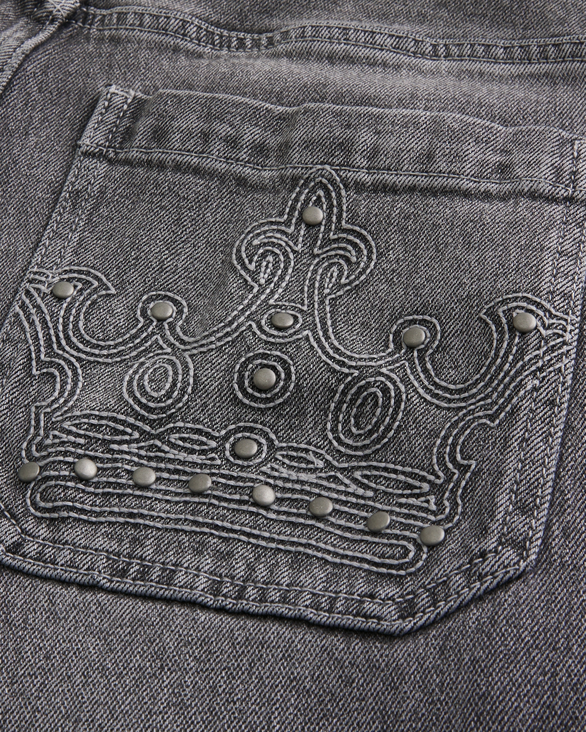 Grey Embroidered Studded Skater Baggy Jeans