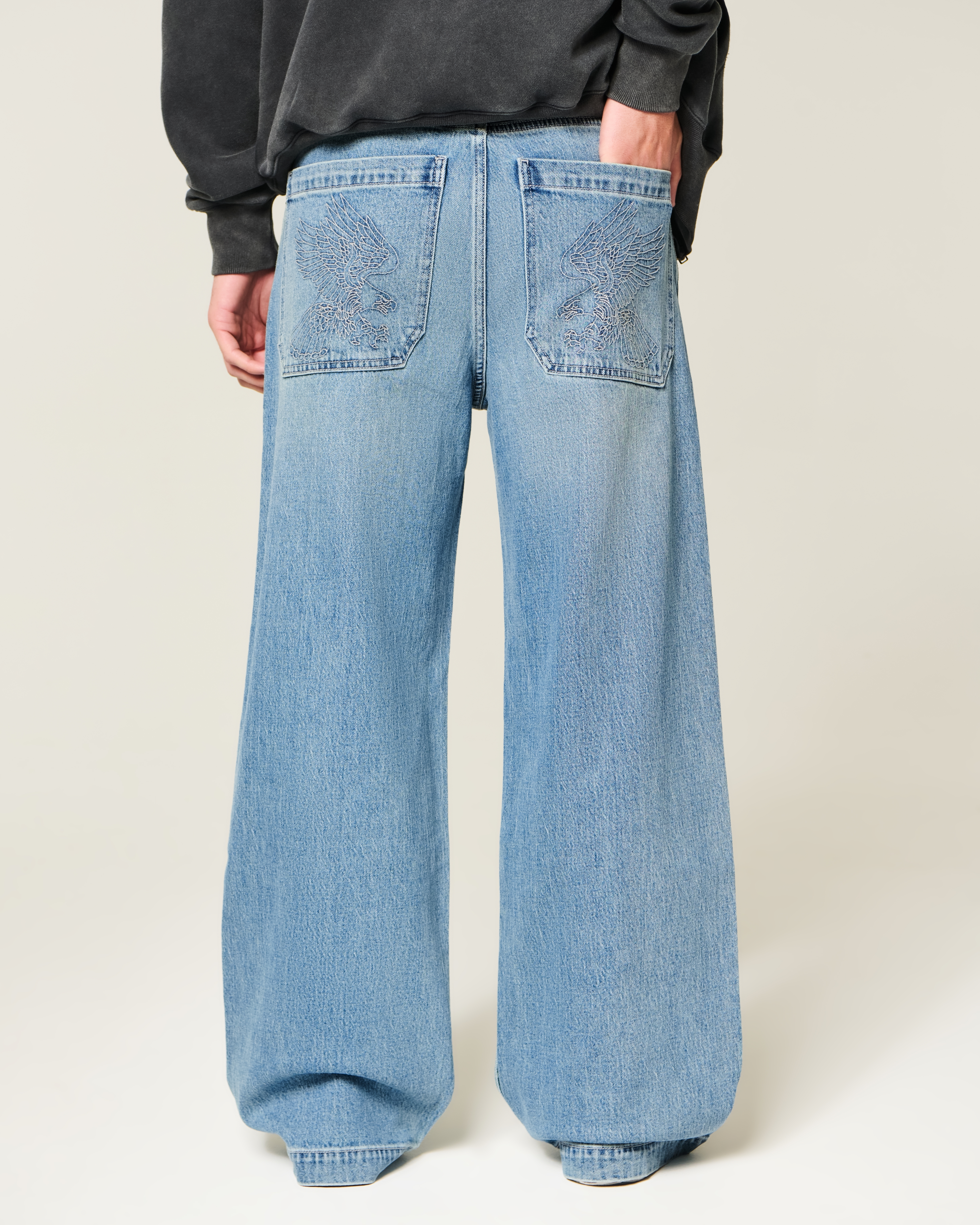 Medium Wash Eagle Embroidery Super Baggy Jeans