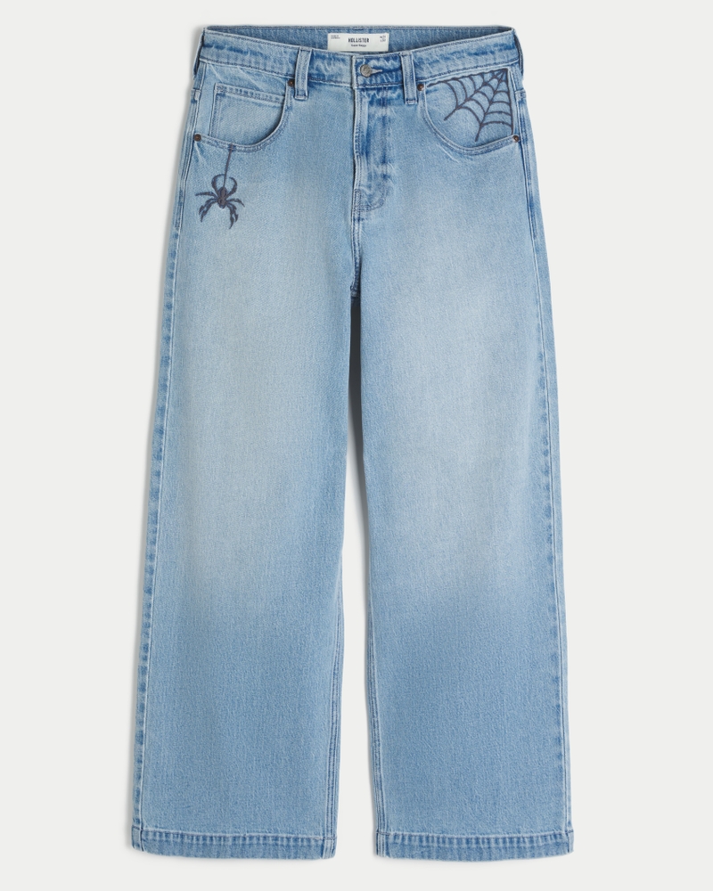 Men's Light Wash Spider Embroidery Super Baggy Jeans Men's