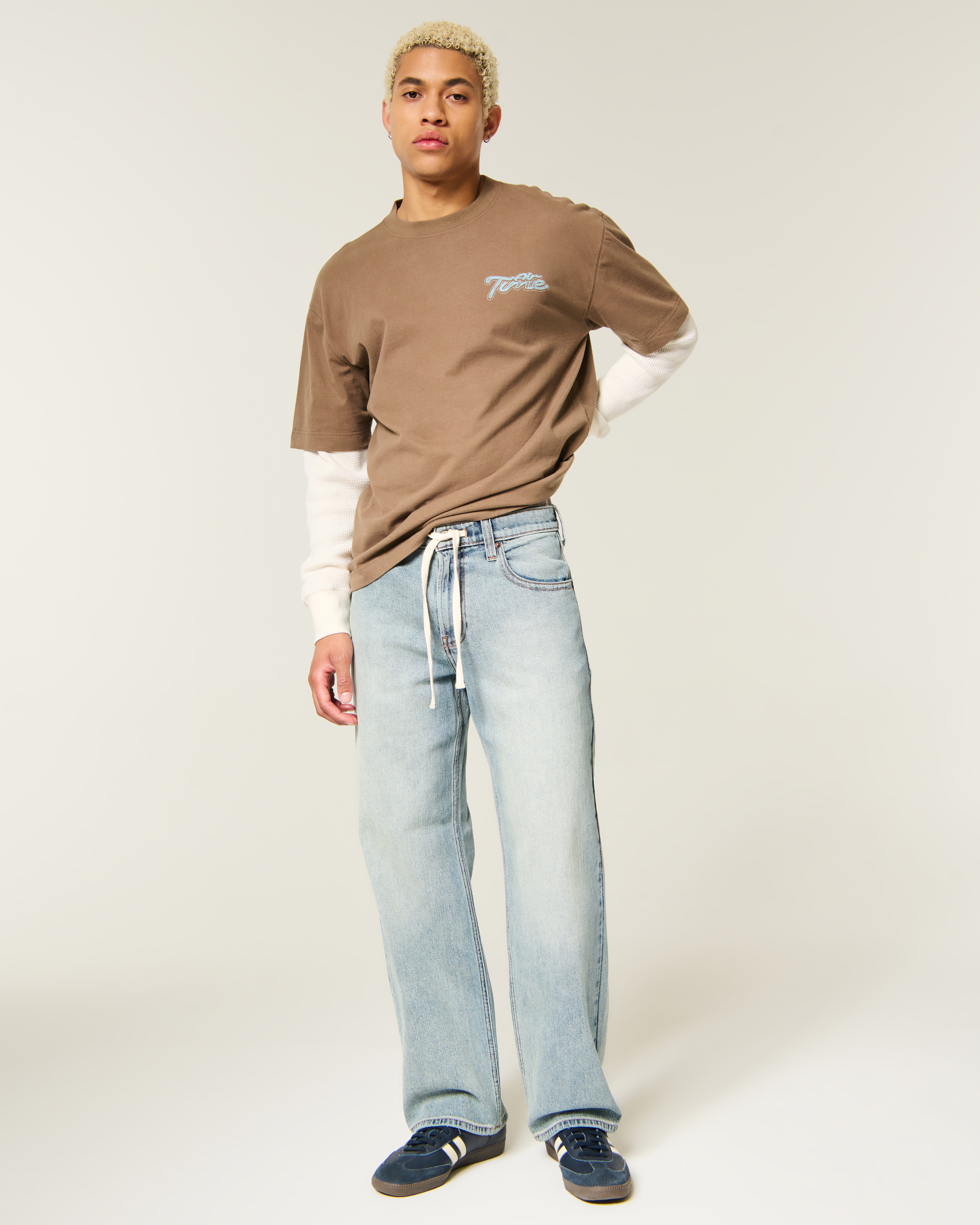 Low-Rise Light Wash Drawstring Waist Baggy Jeans