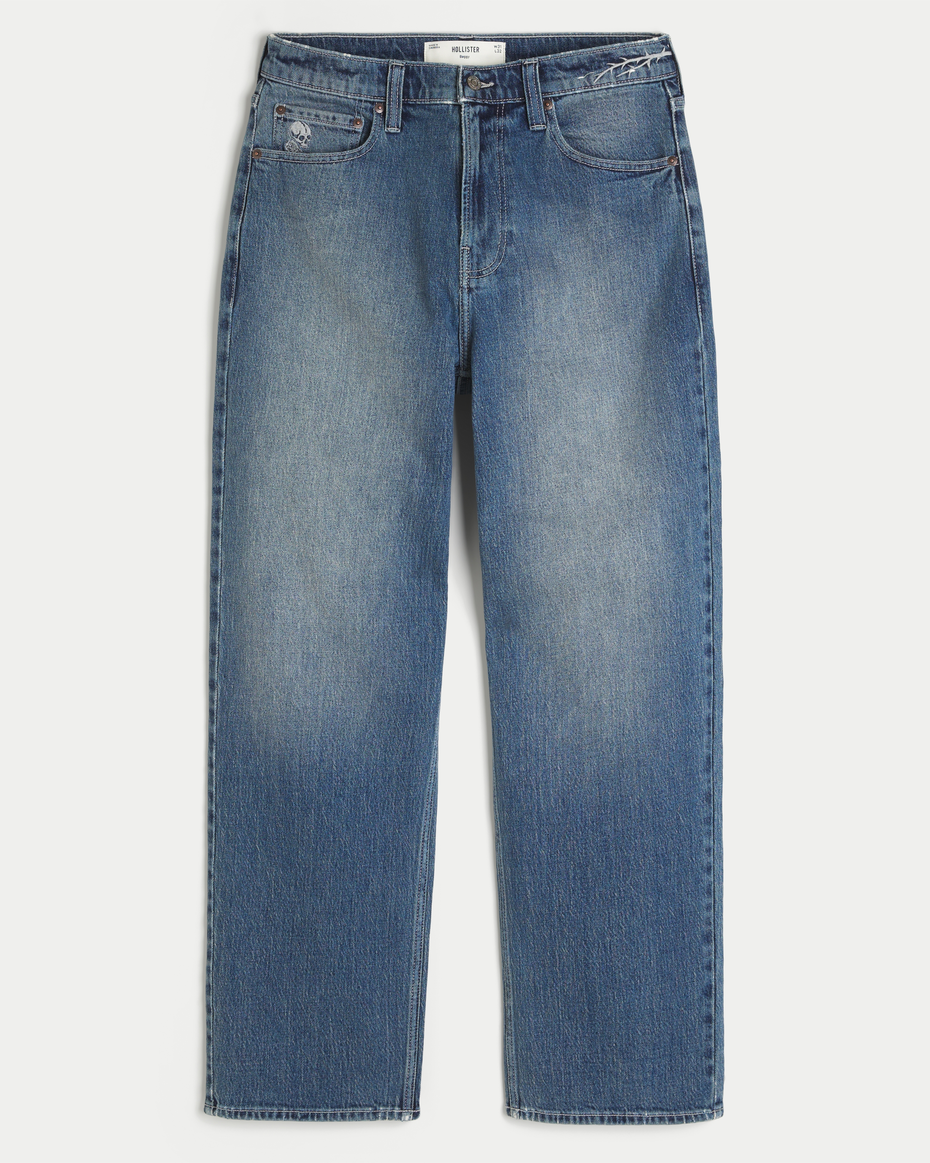Medium Wash Skull Embroidery Baggy Jeans