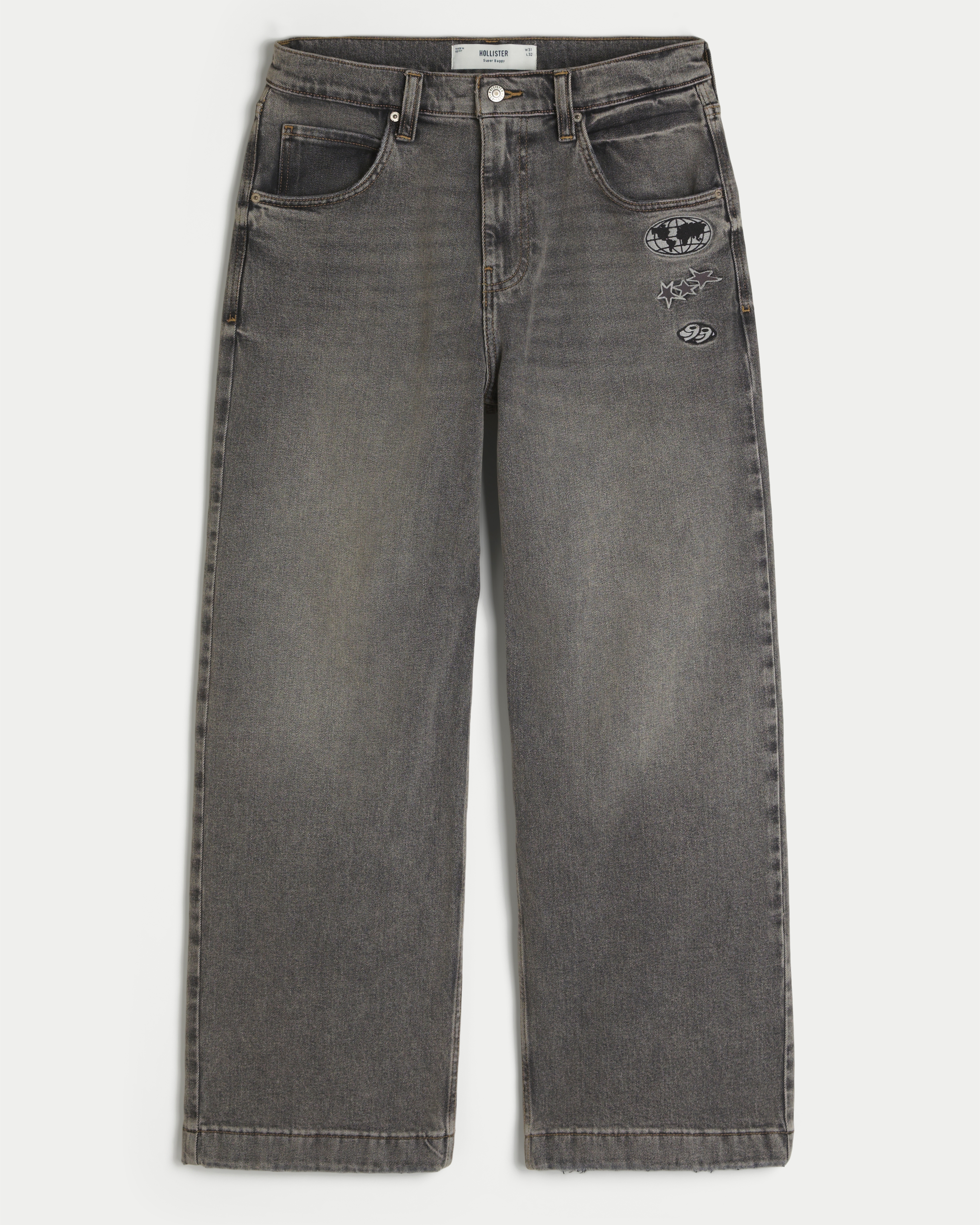 Grey Embroidered Patch Super Baggy Jeans