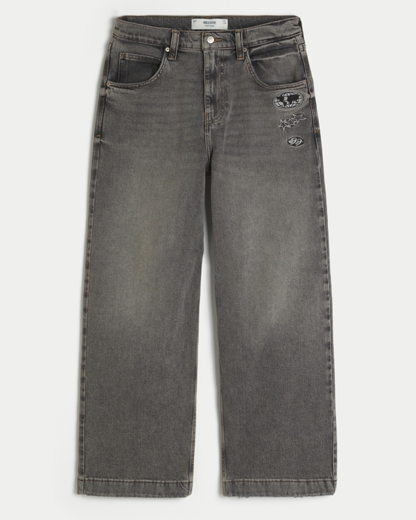 Grey Embroidered Patch Super Baggy Jeans, Gray view 1