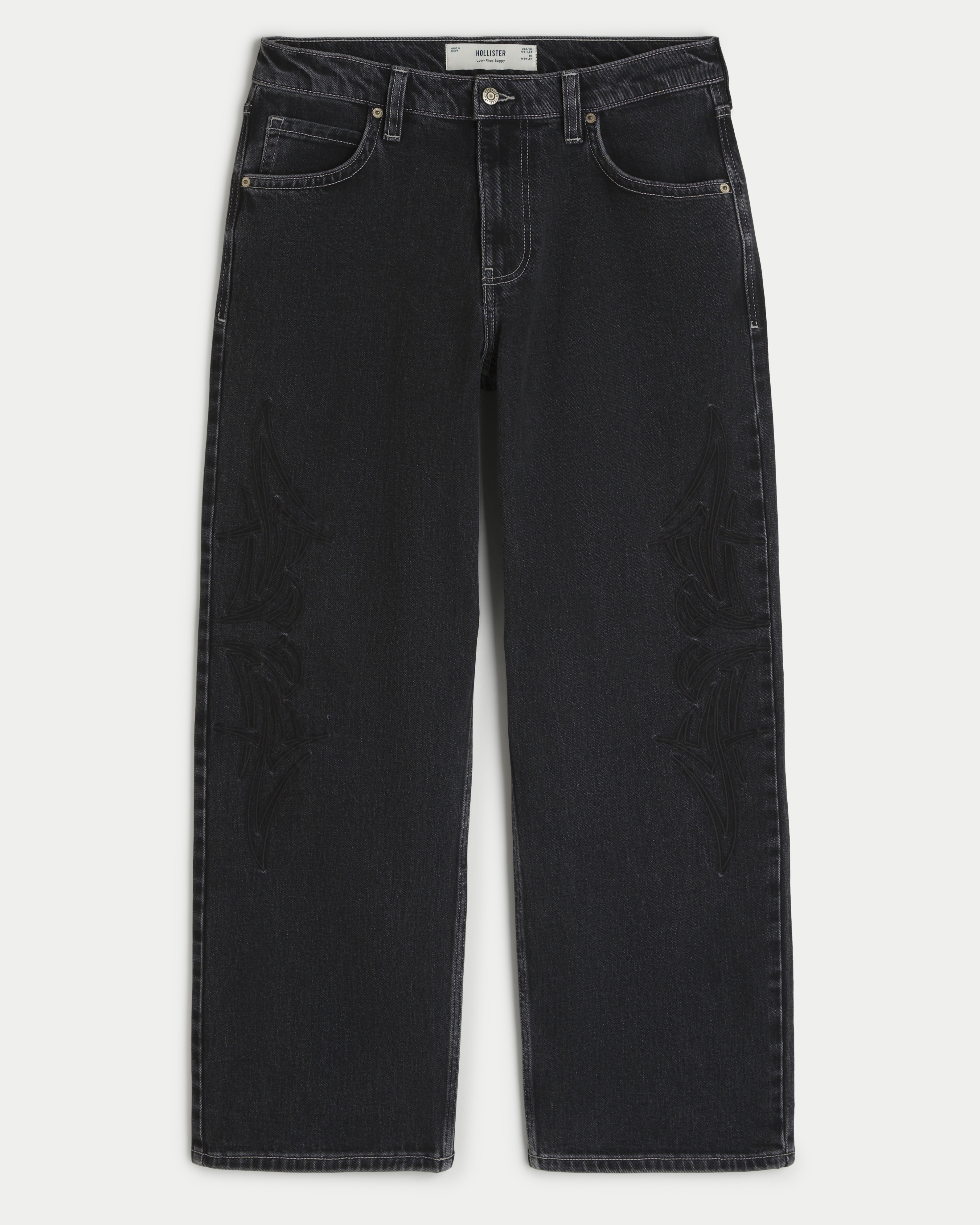 Black Embroidered Low-Rise Baggy Jeans