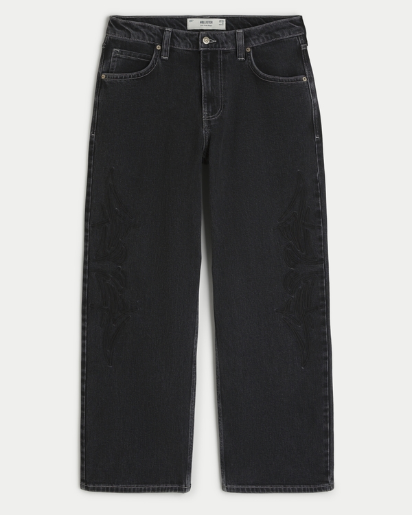 Black Embroidered Low-Rise Baggy Jeans, Washed Black view 1