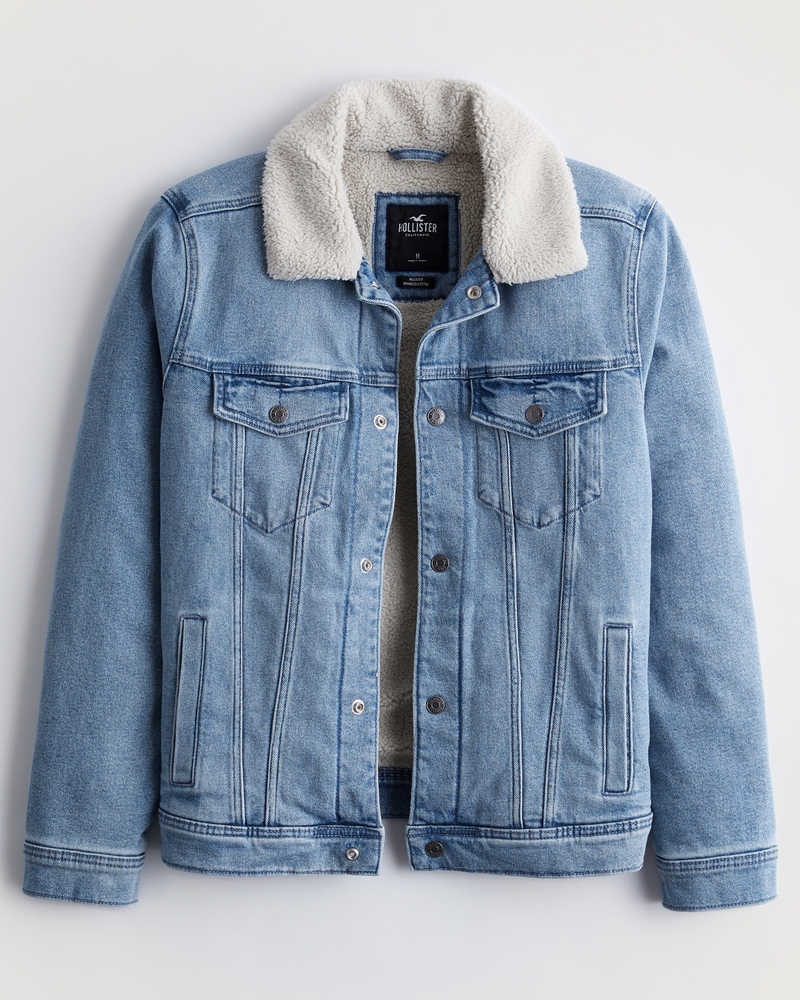 Hollister Hooded Denim Jacket With Gray Sweat Sleeves And Hood In