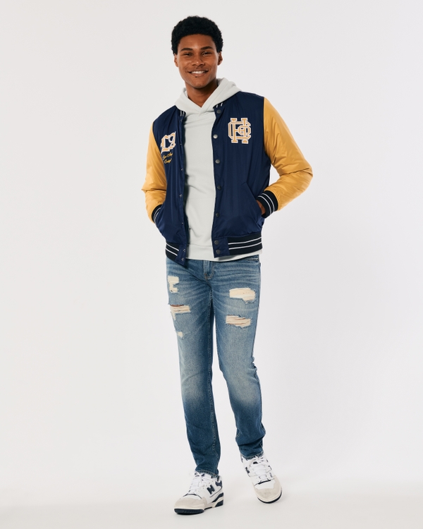 Sherpa-Lined Varsity Bomber Jacket, Navy/gold view 1