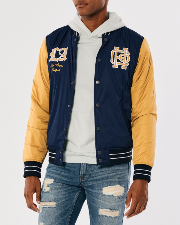 Sherpa-Lined Varsity Bomber Jacket, Navy/gold view 2