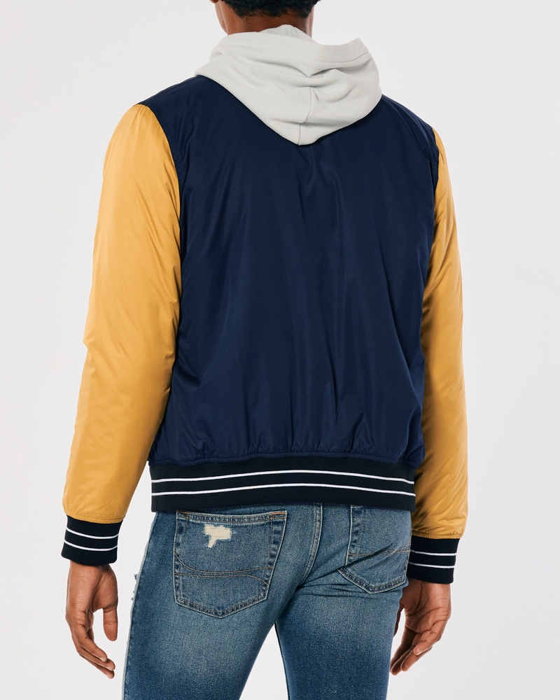 Men's Sherpa-Lined Varsity Bomber Jacket in Navy/Gold Size S from Hollister