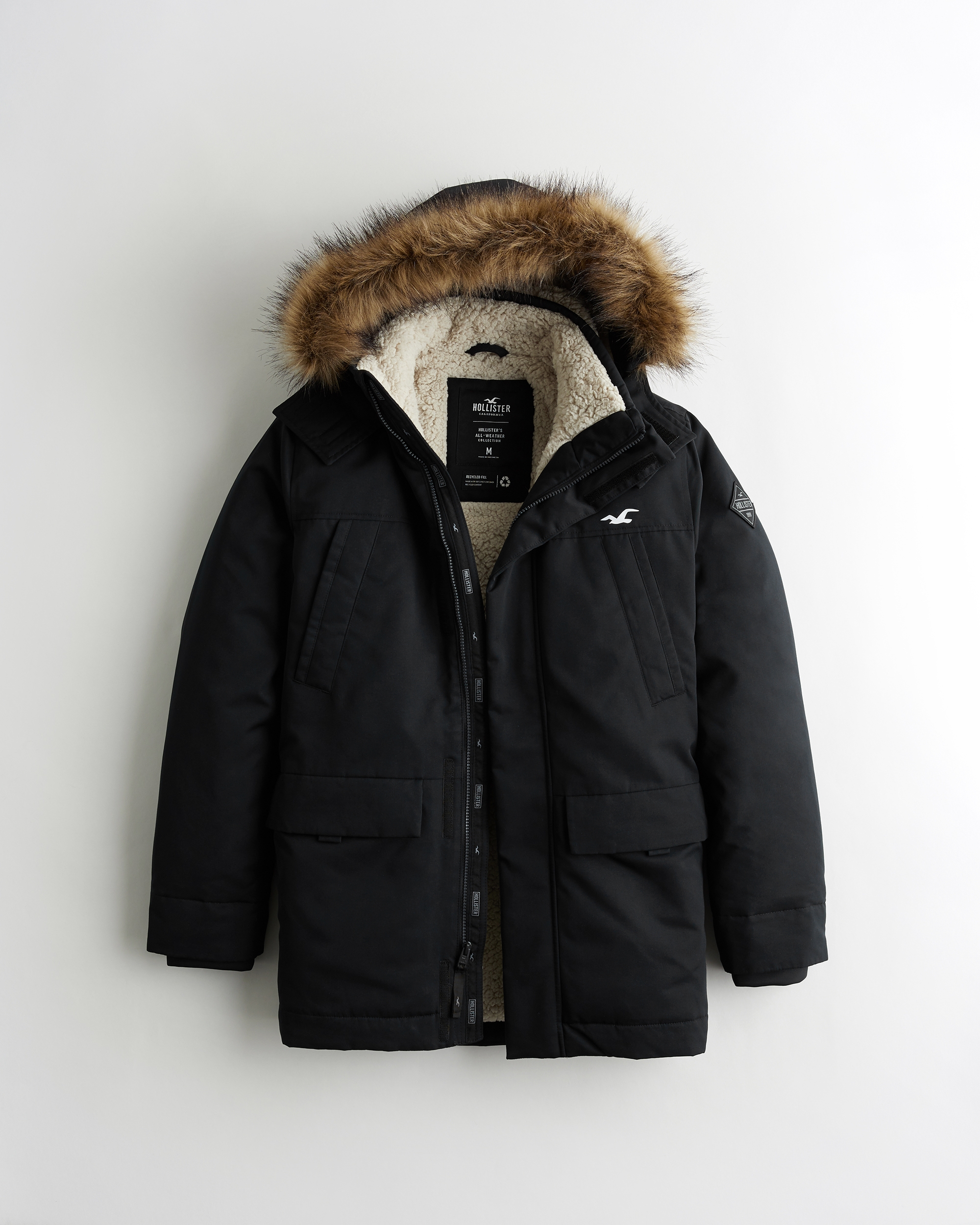 Hollister Sherpa Lined Parka Coat with Faux Fur Trim Hood