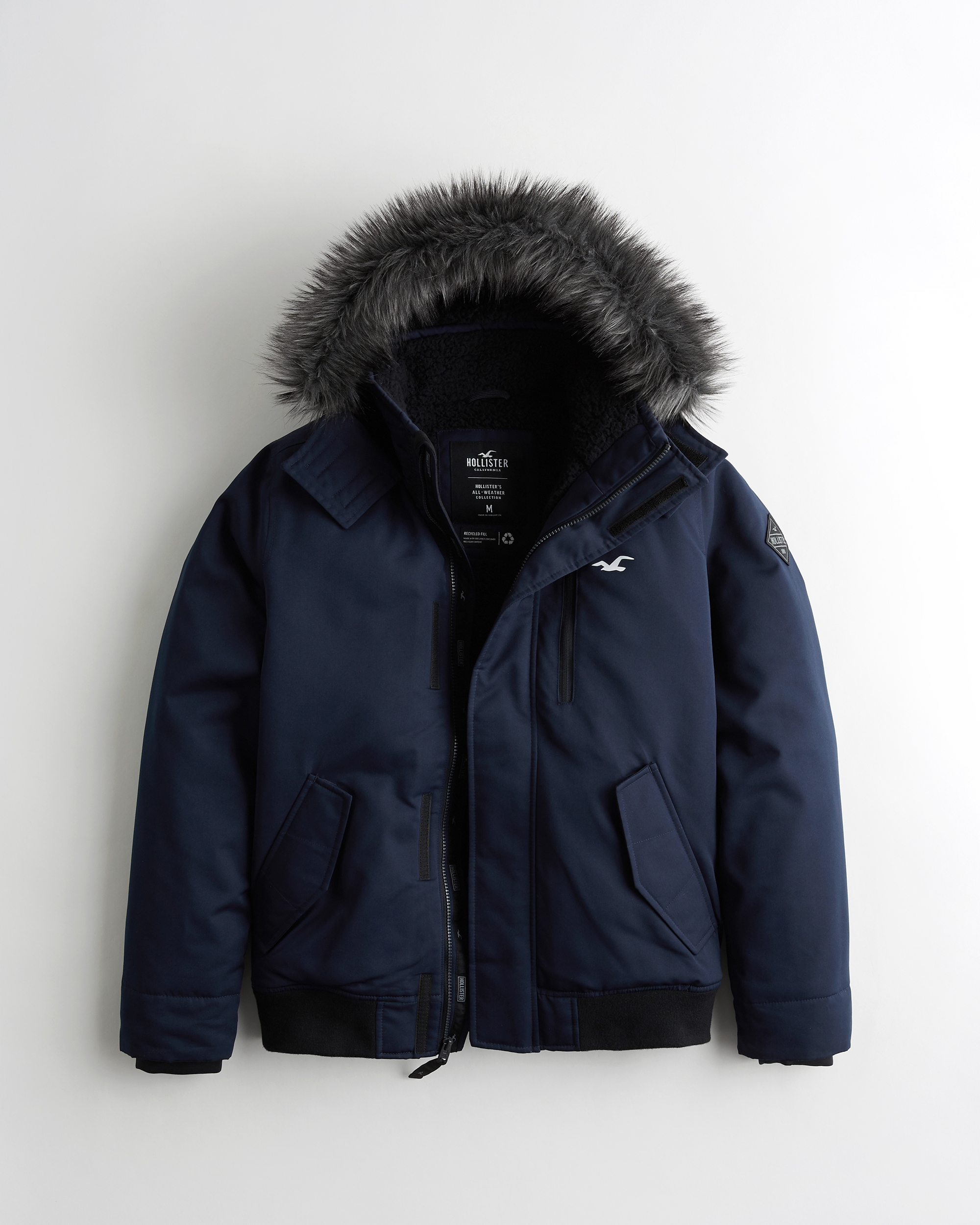 Fur Lined Hollister Blue Bomber Jacket Hollister Down Blend Hooded