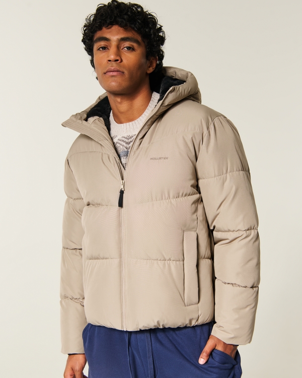 Hollister Feel Good Faux Fur-Lined Puffer Jacket, Tan view 1