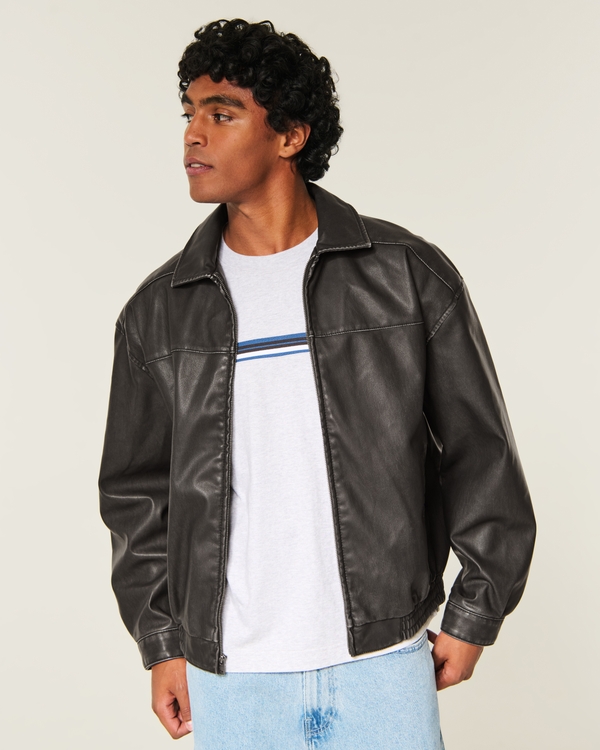 Faux Leather Harrington Jacket, Black Leather view 1