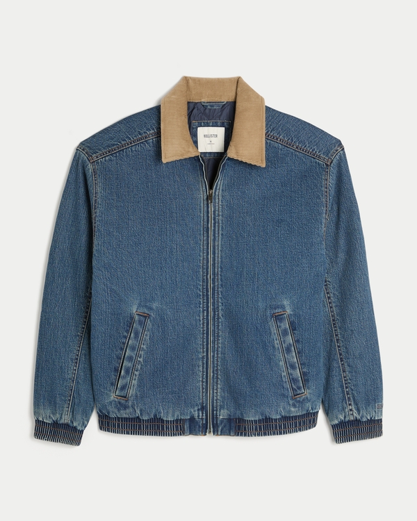 Corduroy Collar Denim Bomber Jacket, Medium Wash view 1