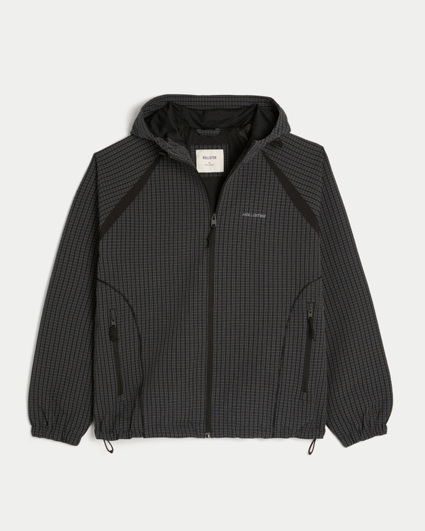 Hooded Seersucker Windbreaker Jacket, Black Pattern view 1