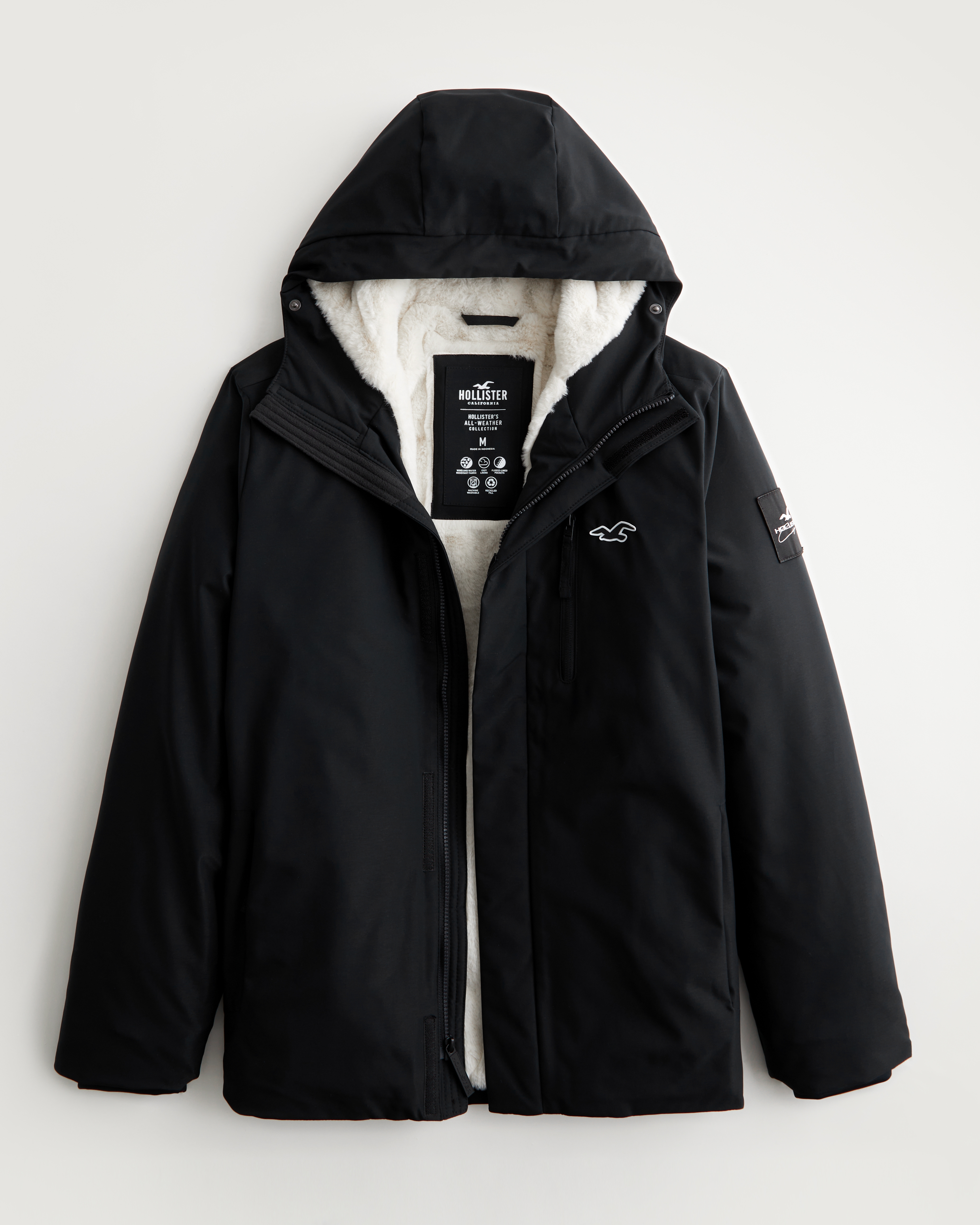 Hollister All Weather Fleece Lined Hooded Bomber Faux Fur Trim In