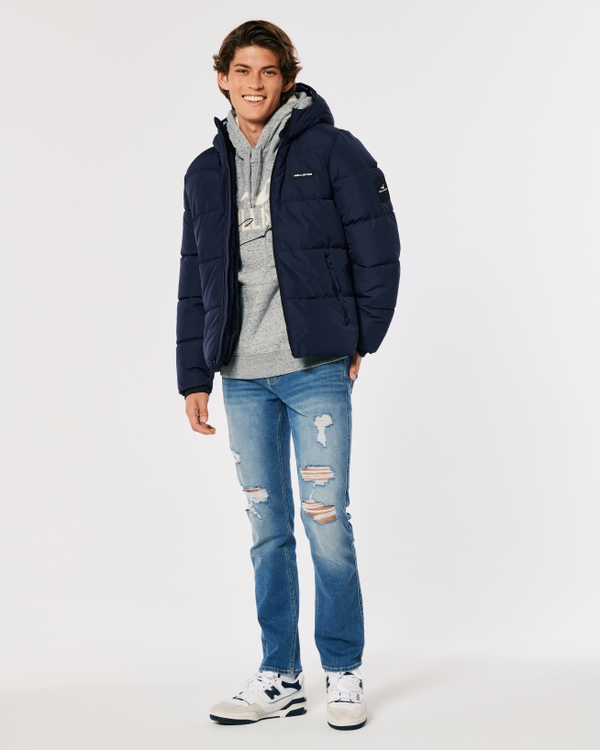 Faux Fur-Lined Hooded Puffer Jacket, Navy view 1