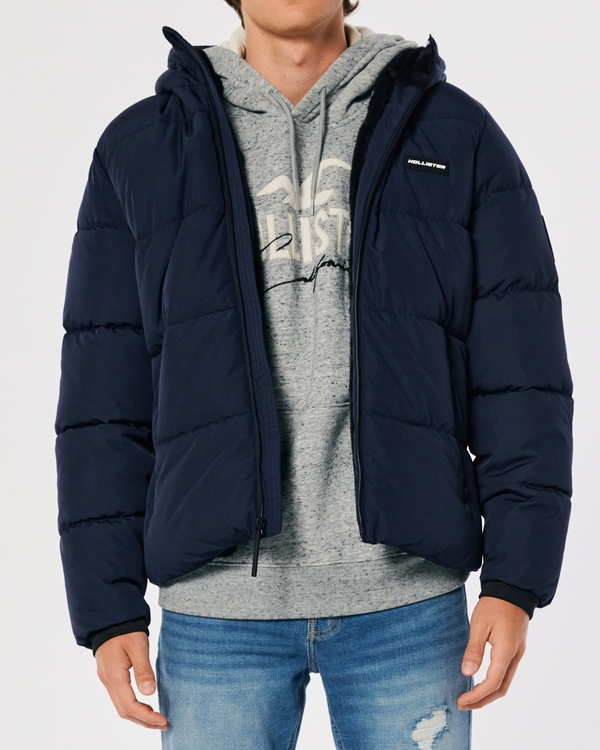 Faux Fur-Lined Hooded Puffer Jacket, Navy view 2