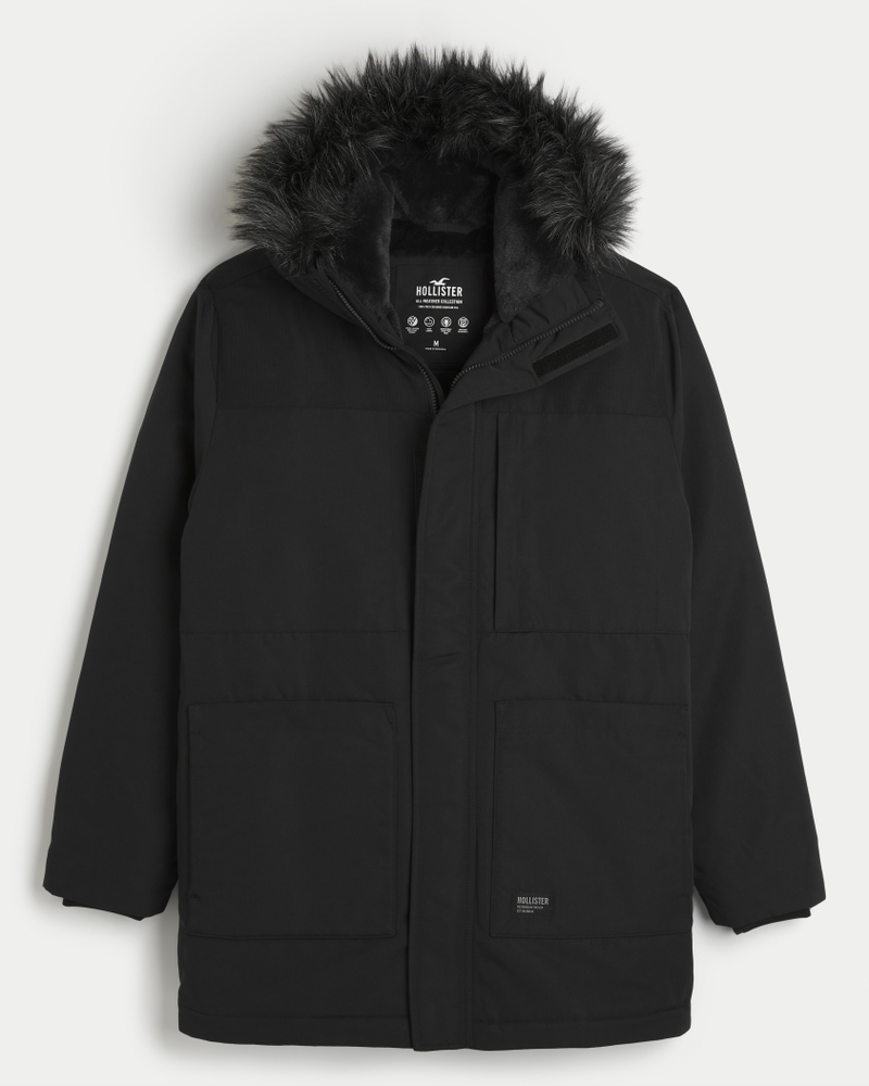 Hollister Faux Fur Lined Parka ($160) ❤ liked on Polyvore featuring  outerwear, coats, black, hooded coat, faux fur trim coats, cinch coats,  faux fur lined parka…