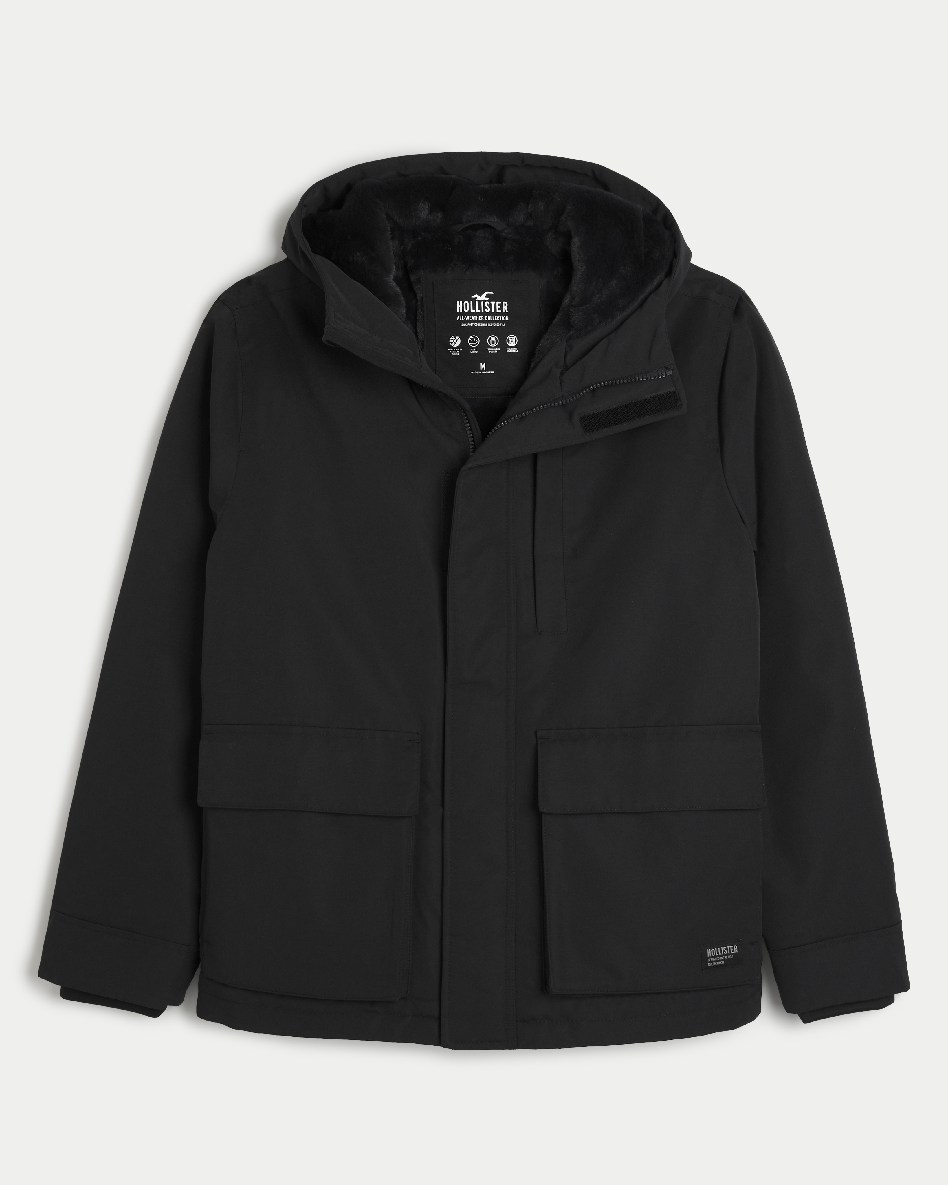 Hollister Light weight padded coat with faux fur hood in black