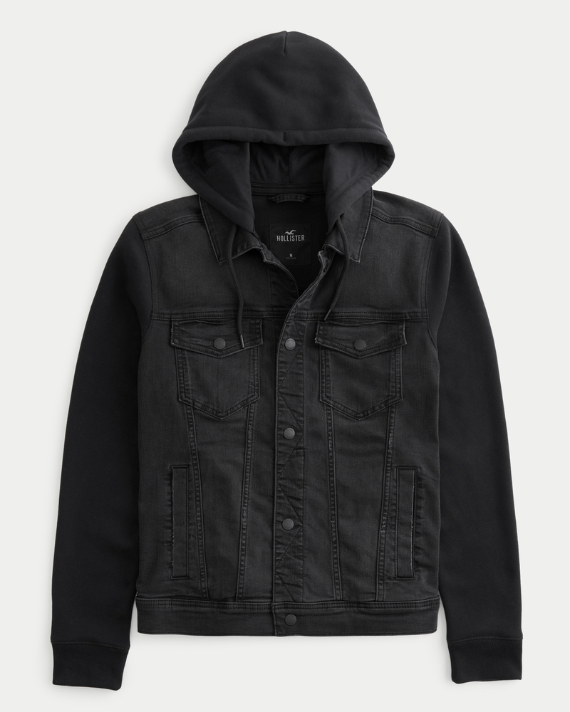 Hooded Denim Jacket Men Fleece Black Wash Hooded Jacket Personalized Gifts  for Her Black Denim Jacket Fleece Jacket 
