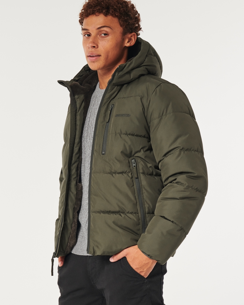 HOLLISTER FAUX FUR LINED HOODED PUFFER JACKET COAT OLIVE GREEN MENS SIZE M,L