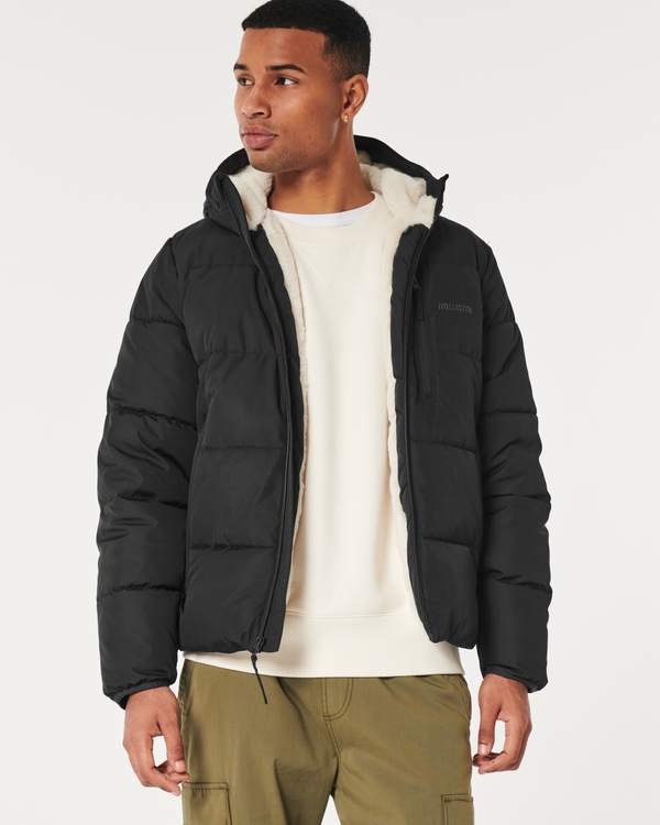 Hollister Reflective Logo Colourblock Hooded Puffer Jacket In