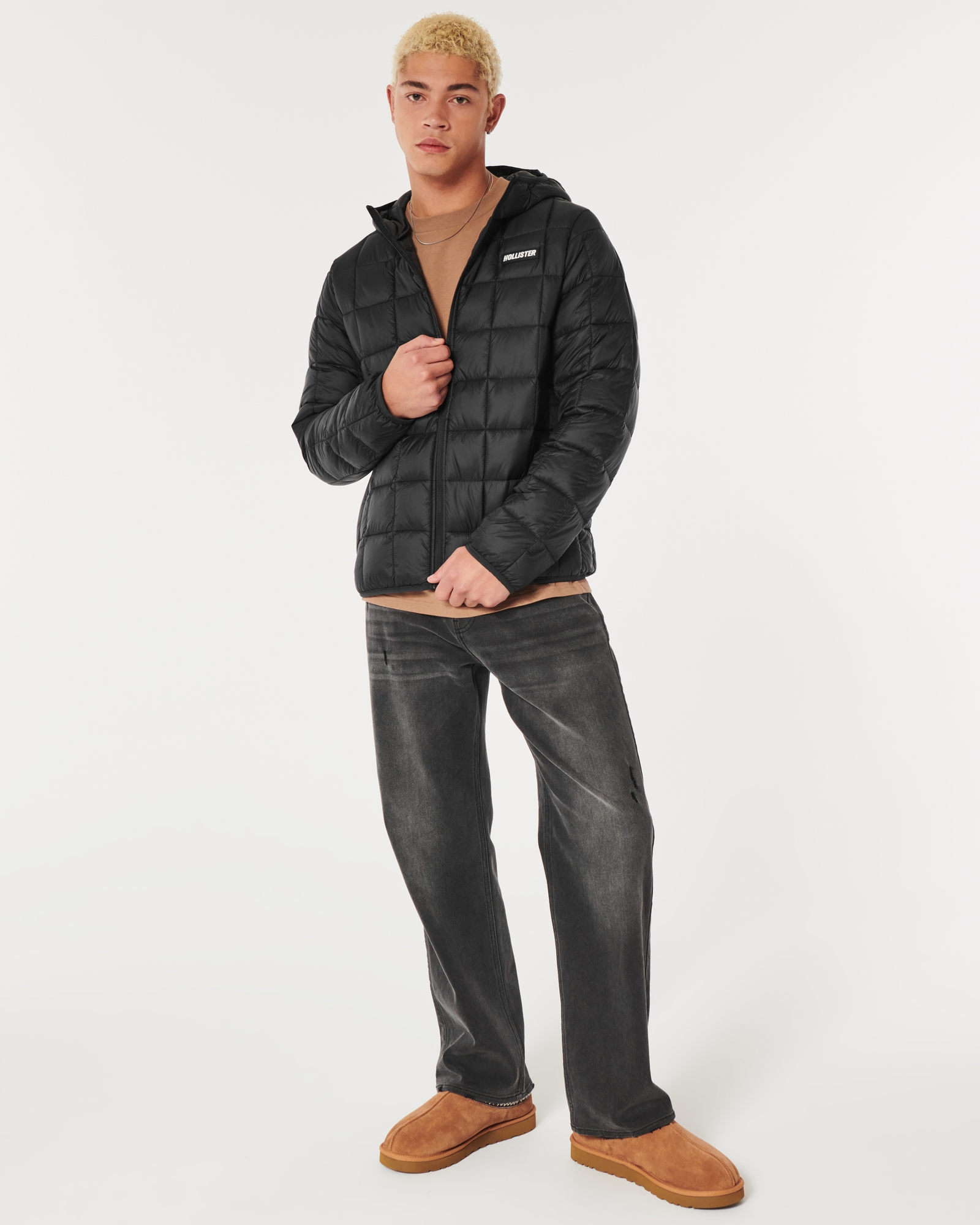 Hollister Borg Lined Heavyweight Hooded Puffer Jacket In Black for Men