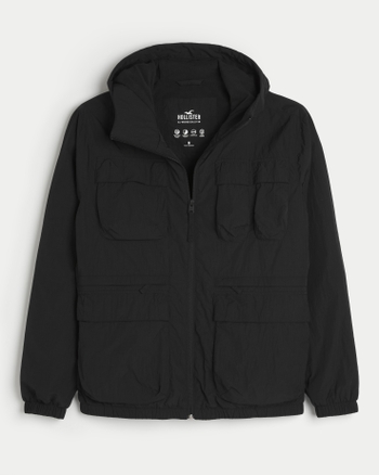 Hollister All-Weather Men Jacket Hood Blue Fleece Lined Ribbed Zip Snap  Size XL