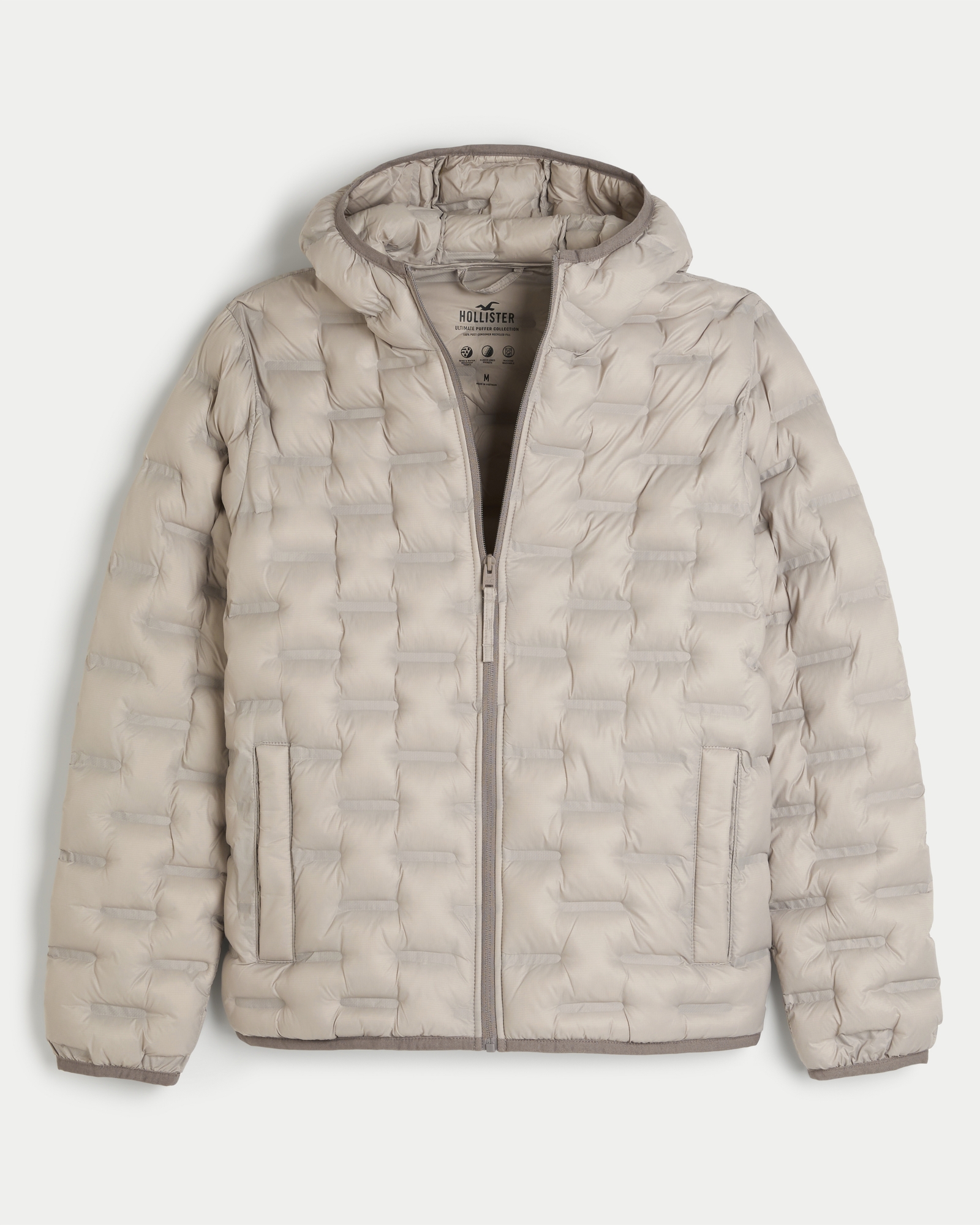 Hollister hooded nylon puffer jacket in cream