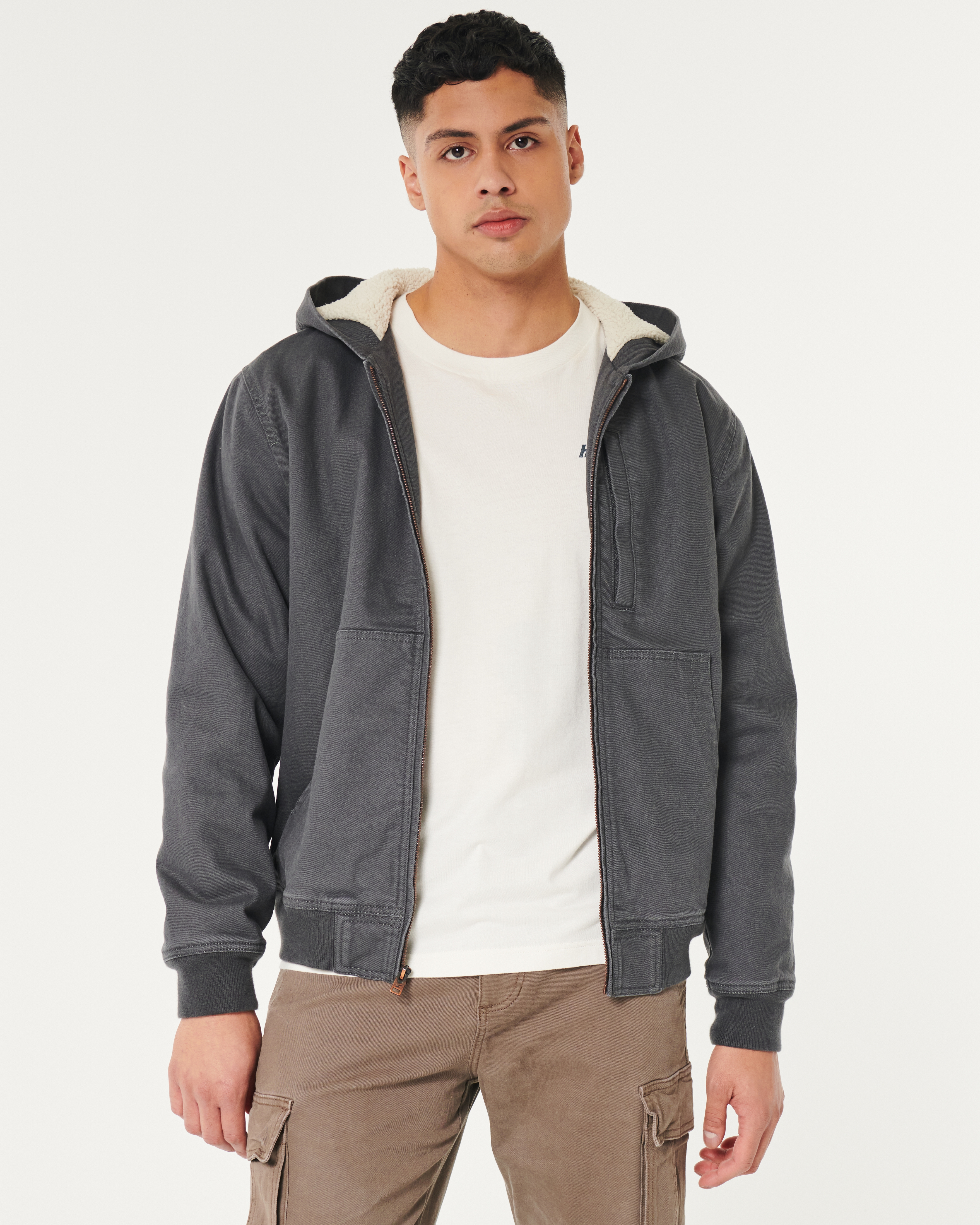 Faux Shearling-Lined Hooded Workwear Jacket