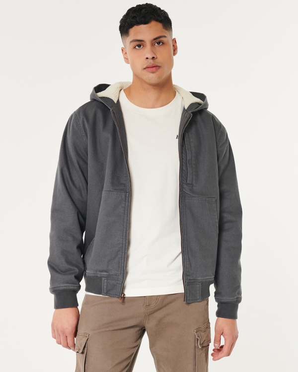 Faux Shearling-Lined Hooded Workwear Jacket, Faded Black