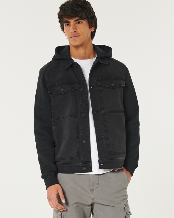 Hollister Hooded Denim Jacket With Gray Sweat Sleeves And Hood In