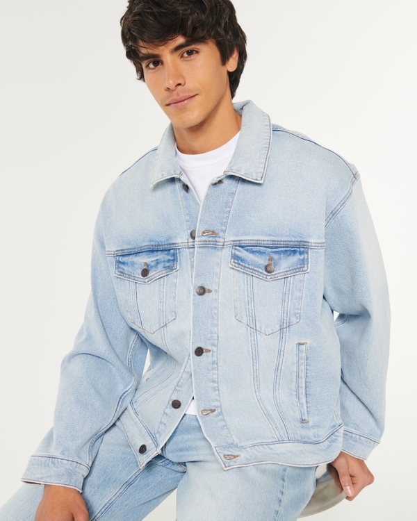 Hollister cropped denim jacket in mid wash blue
