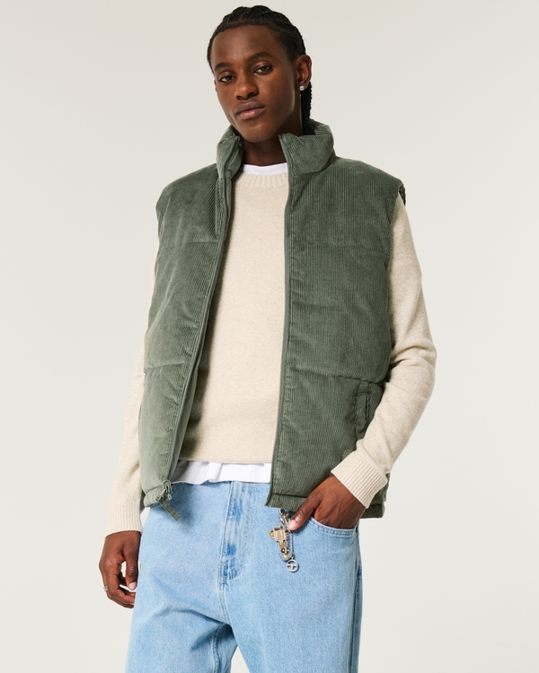 Reversible Corduroy Puffer Vest, Olive