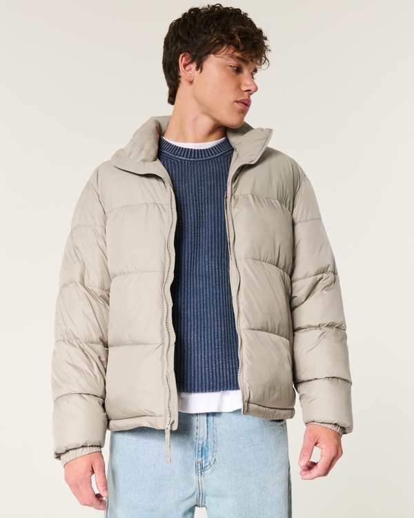 Boxy Zip-Up Puffer Jacket, Tan