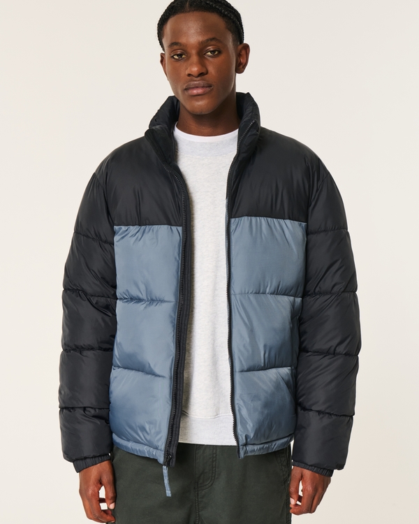 Boxy Mock-Neck Puffer Jacket, Black And Dark Slate