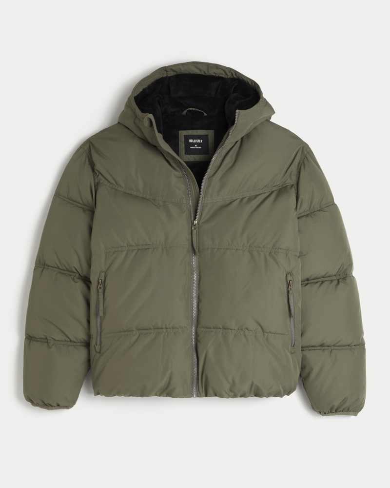 Hollister California Winter Down Puffer Coat Faux selling Fur Hood Seaweed Olive Green M