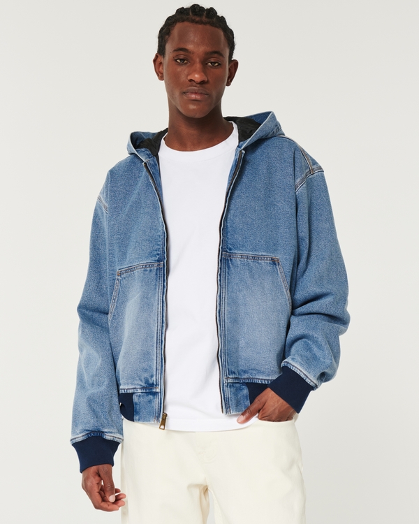 Hollister Denim Jacket Sweat Hood & Sleeves In Light Wash/grey in