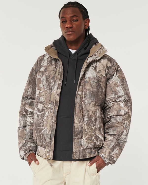 Boxy Mock-Neck Camo Puffer Jacket