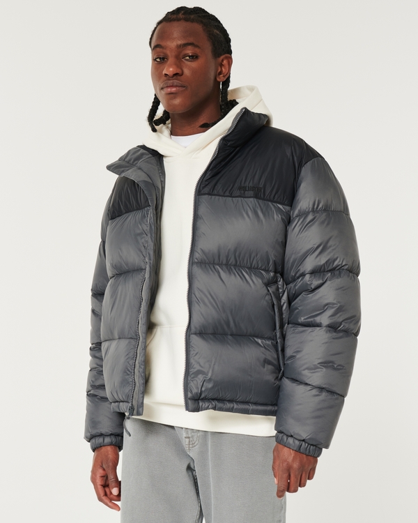 Color Block Mock-Neck Puffer Jacket, Dark Grey