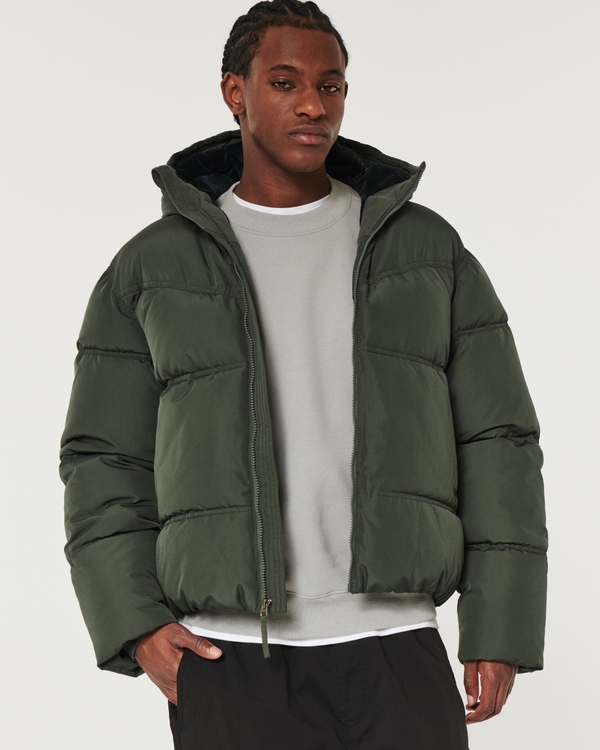 Faux Fur-Lined Hooded Puffer Jacket, Dark Olive
