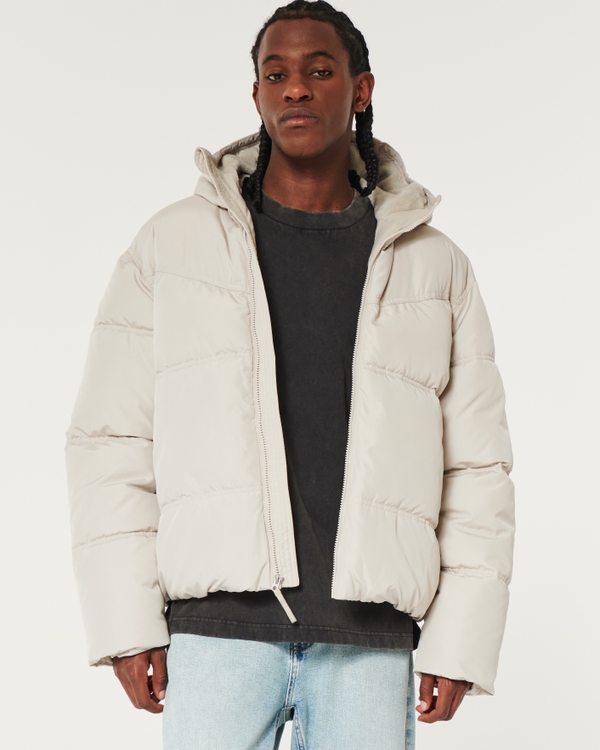 Faux Fur-Lined Hooded Puffer Jacket, Cream