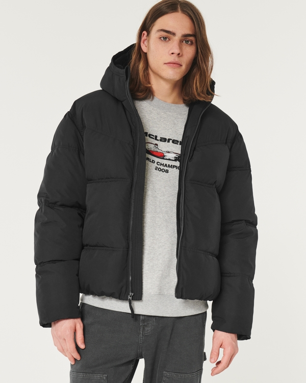 Faux Fur-Lined Hooded Puffer Jacket, Black